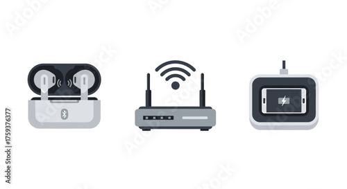 Minimalist Flat Vector Icon Pack of Wireless Earbuds, WiFi Router, and Mobile Charging, Technology Devices, White Background, Online Interaction Concept