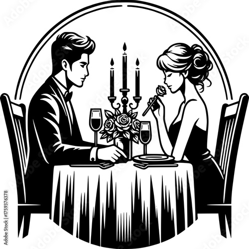 Romantic Dinner: A couple share an intimate dining experience, candlelight and roses enhance the moment.