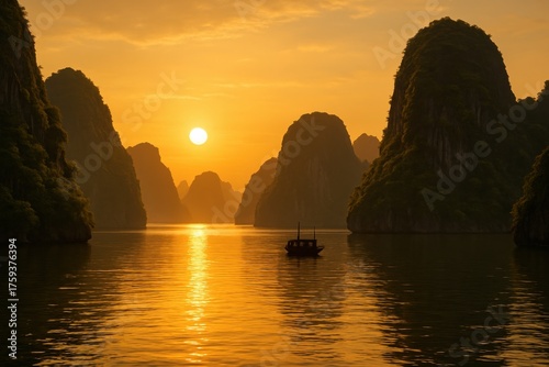 Ha Long Bay Sunset in Northern Vietnam. Golden Sunset over Limestone Islands. AI Generative.