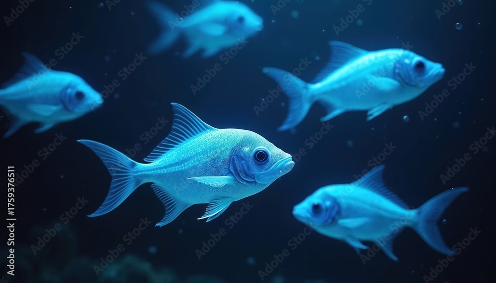 Naklejka premium Several glowing fish swim in dark ocean. Marine creatures create a stunning underwater light show. Fish glow in water. Aquatic life shines in deep blue.