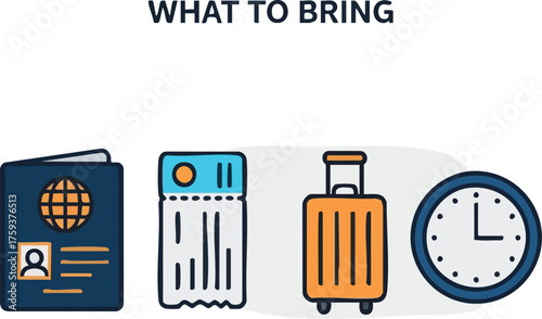 Illustration of essential items for travel including a passport, ticket, suitcase, and clock.