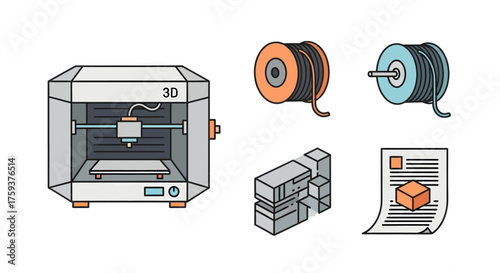 3D Printing Process, Machine, Materials, Blueprint, Flat Vector Icon Set, 2026 Style, Futuristic Computing Gadgets, White Background, Isometric Concept