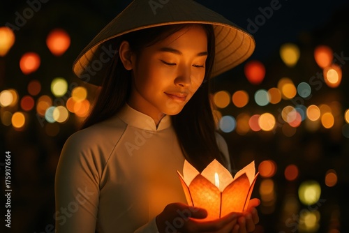 Vietnamese Woman at Hoi A Lantern Festival. Traditional Lantern Ceremony. AI Generative.