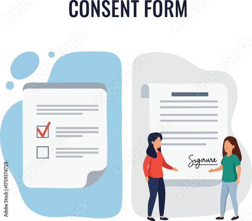Illustration of a consent form with a checkmark and two women signing a document.