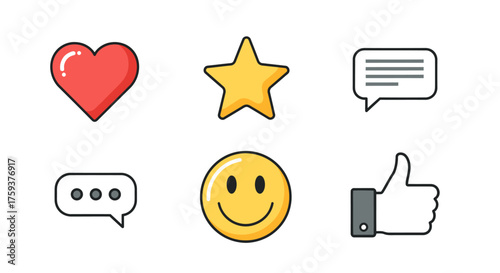 Flat Vector Icon Set Showcasing Emotions and Social Feedback, Clean Futuristic Style, White Background, Hybrid Human-AI Creativity Concept