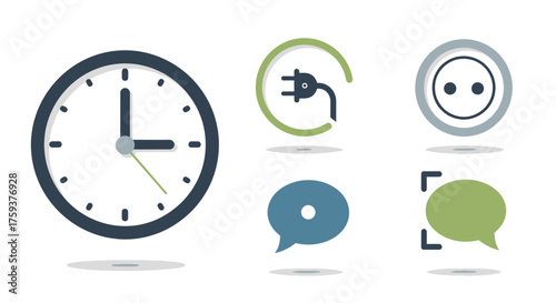 Flat Vector Icon Set of Clock, Plug, Socket, Messaging, Technology, Minimal Design, White Background, Communication Concept