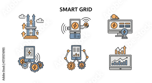 Futuristic Smart Grid Technology, AI Gadgets, Office, Flat Vector Icon Set, White Background, Innovation Concept