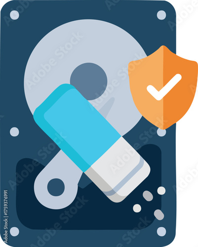 Data erasure illustration: hard drive with eraser and security shield, representing secure data deletion.