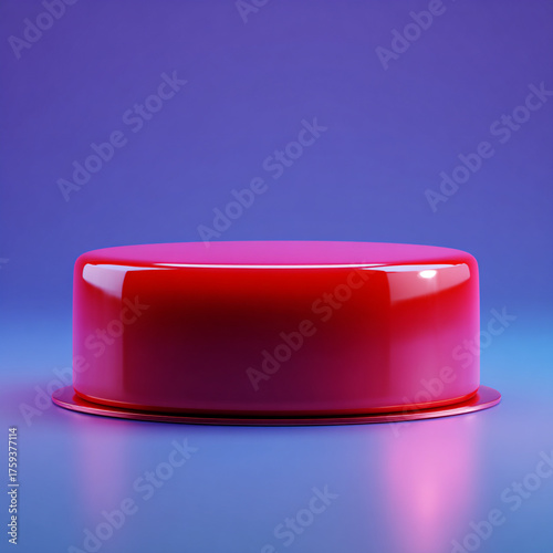Red button isolated on gradient background, neon light, 3d.