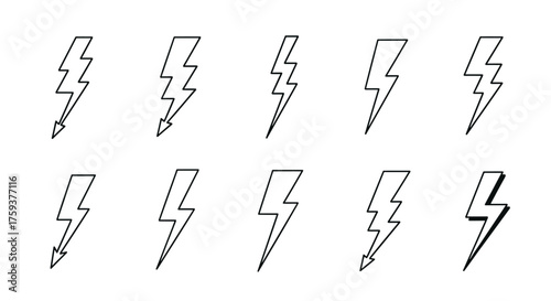 A collection of hand-drawn lightning bolt illustrations in various styles and orientations.