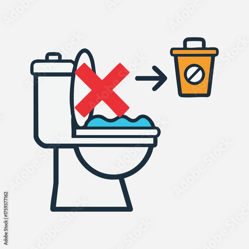 Illustration showing a toilet with a red cross over it and an arrow pointing to a trash can, indicating not to flush certain items.