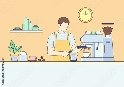 Barista Preparing Coffee with Espresso Machine in Cafe.