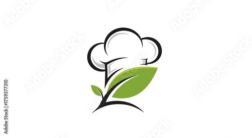 A culinary chef hat merges with a vibrant green leaf suggesting healthy and organic food preparation.