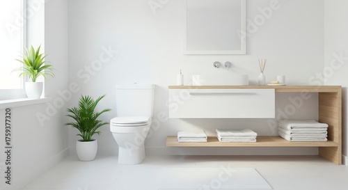 Modern bathroom interior with white walls plants and wooden vanity