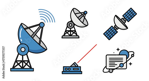 Flat Vector Icon Set of Satellite Communication, Focused Technology Use, Calm Colors, White Background, Mindful Technology Usage Concept