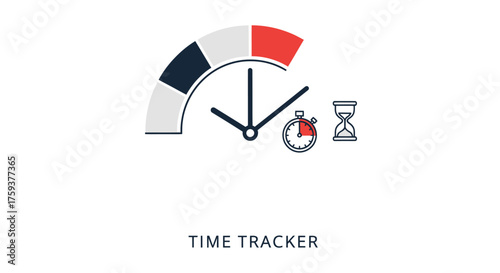 Time Tracking Action, Clock, Stopwatch, Office Desk, Flat Vector Icon Set, Clean Flat 2026 Style, White Background, Productivity Concept