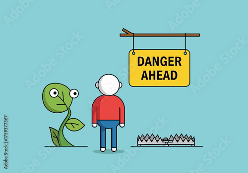 Cartoon character stands unaware before a dangerous bear trap.