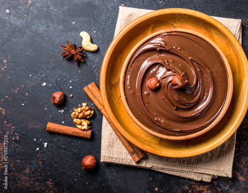 Overhead view of chocolate hazelnut spread with garnishes