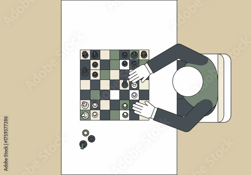 Chess player analyzing the board during a competitive game strategy.
