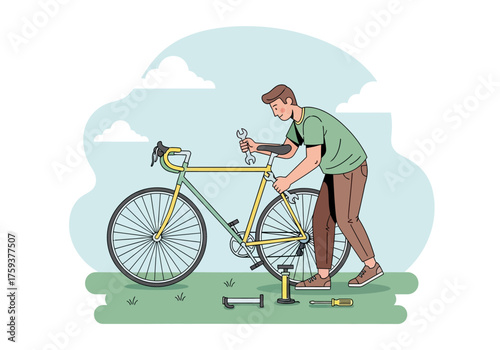 Man fixing bicycle in the park, preparing for ride.