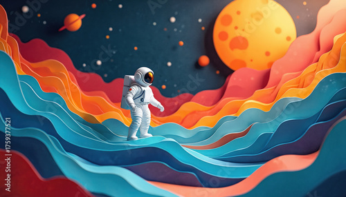 Astronaut explores abstract paper cut planet. Colorful illustration of space adventure. Space exploration concept, creativity, imagination visualized. Artwork with galaxy background, unknown elements.