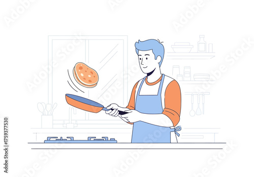Man flipping pancake in the kitchen, cooking breakfast, food preparation.