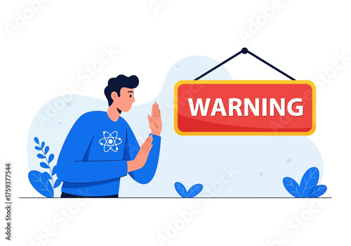 Man gesturing stop sign near warning sign, caution, danger, risk, safety concept.