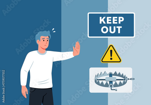 Man Gesturing Stop Near Keep Out Sign and Trap.