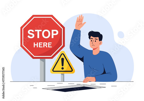 Man gesturing to stop in front of a danger sign and open pit.