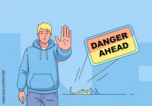 Man holding hand up in stop gesture near danger ahead sign.