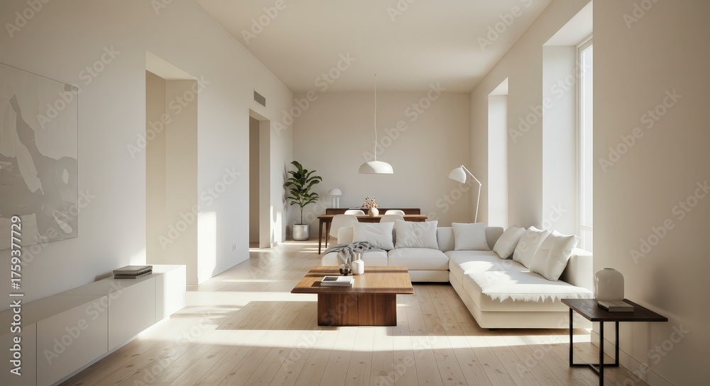 Fototapeta premium Modern living room interior design with sofa and sunlight through windows