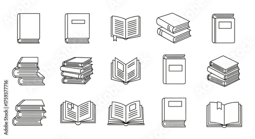 Collection of line art illustrations representing various books and reading materials for educational or literary purposes.
