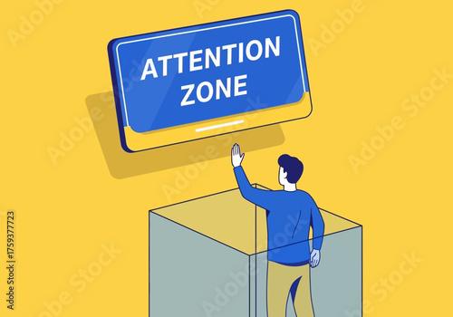 Man reaching for attention zone sign above a box.