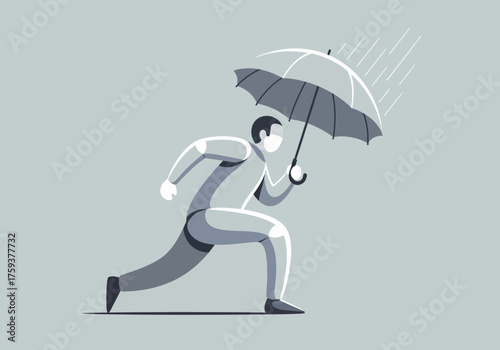 Man running with umbrella in rain protecting himself from weather.