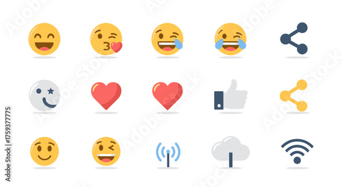Flat Vector Social Media Icon Set Featuring Heart, Comment, Like, Post, Video on White Background, Digital App Features, Top View Concept