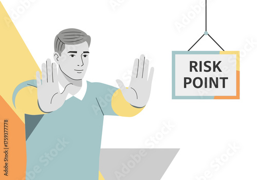 Man stopping at a risk point sign business concept.