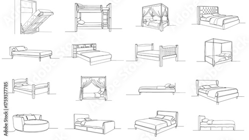 Collection of bed sketches in minimalist black and white line art