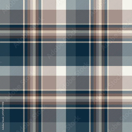 Trendy blue brown check plaid texture for textile, fabrics, print, wrapping paper, clothing, garments, blanket, scarp and background. Scottish tartan vector pattern.