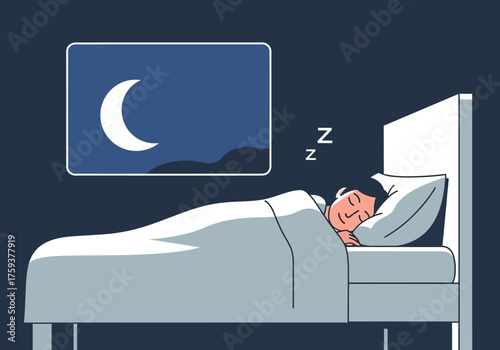 Person Sleeping Peacefully in Bed at Night with Moon Illustration.