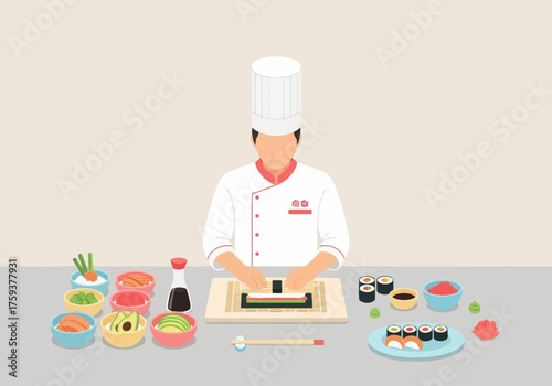 Professional Japanese chef meticulously preparing traditional sushi rolls.