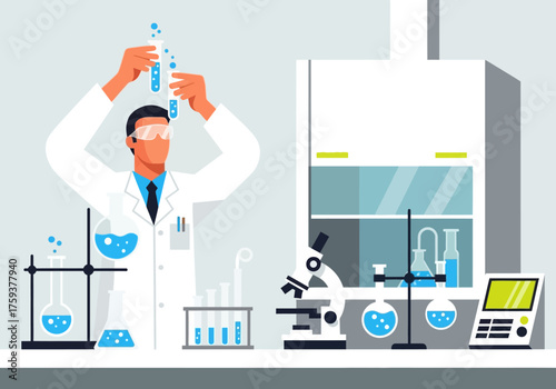 Scientist in a lab conducting experiments with test tubes and beakers.