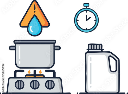 Vector illustration of cooking on a gas stove with a water hazard warning, timer, and a plastic jug.
