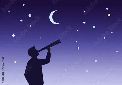 Silhouette of person observing sky with a telescope.