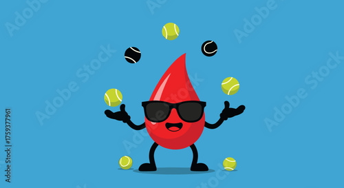 A cool red blood cell is juggling tennis balls on a bright blue background.