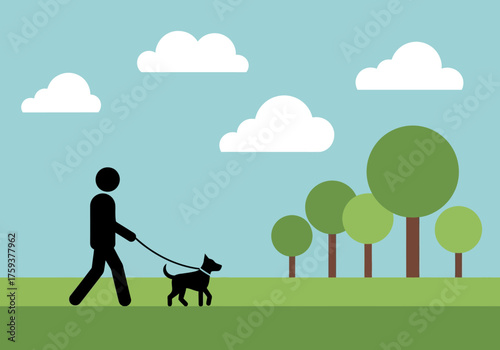 Simple silhouette of a person walking a small dog on a leash.