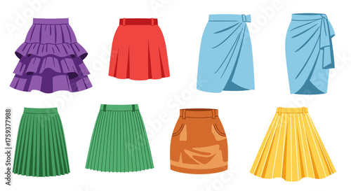 A collection of colorful and diverse skirts featuring various styles and designs perfect for any occasion.