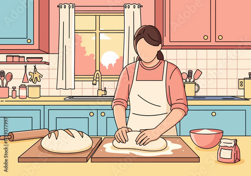 Woman in an apron kneading dough on a wooden board.