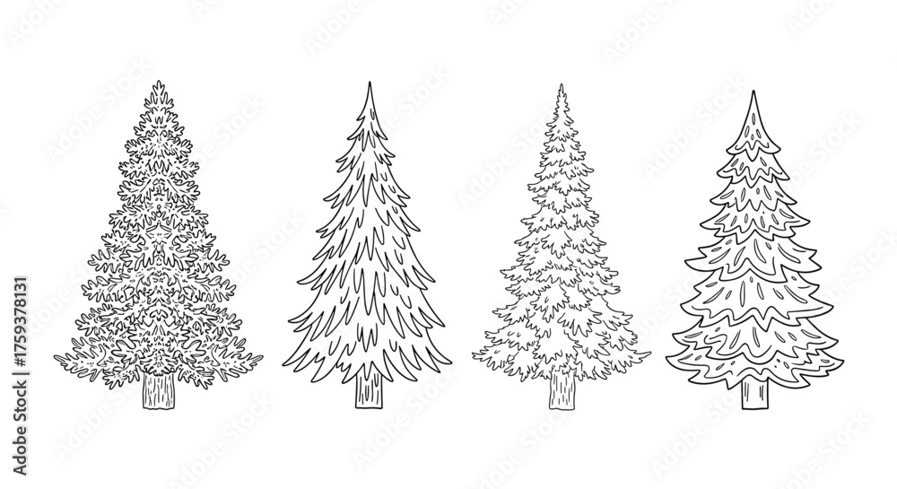Obraz premium A charming collection of four hand-drawn coniferous trees each with a distinct bushy appearance and a sturdy trunk.
