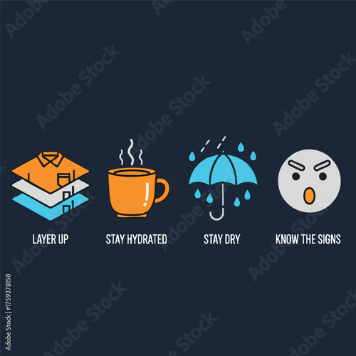An infographic with four icons giving advice for bad weather: layer up, stay hydrated, stay dry, and know the signs.
