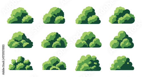A collection of pixel art green bushes in various shapes and sizes perfect for game development.
